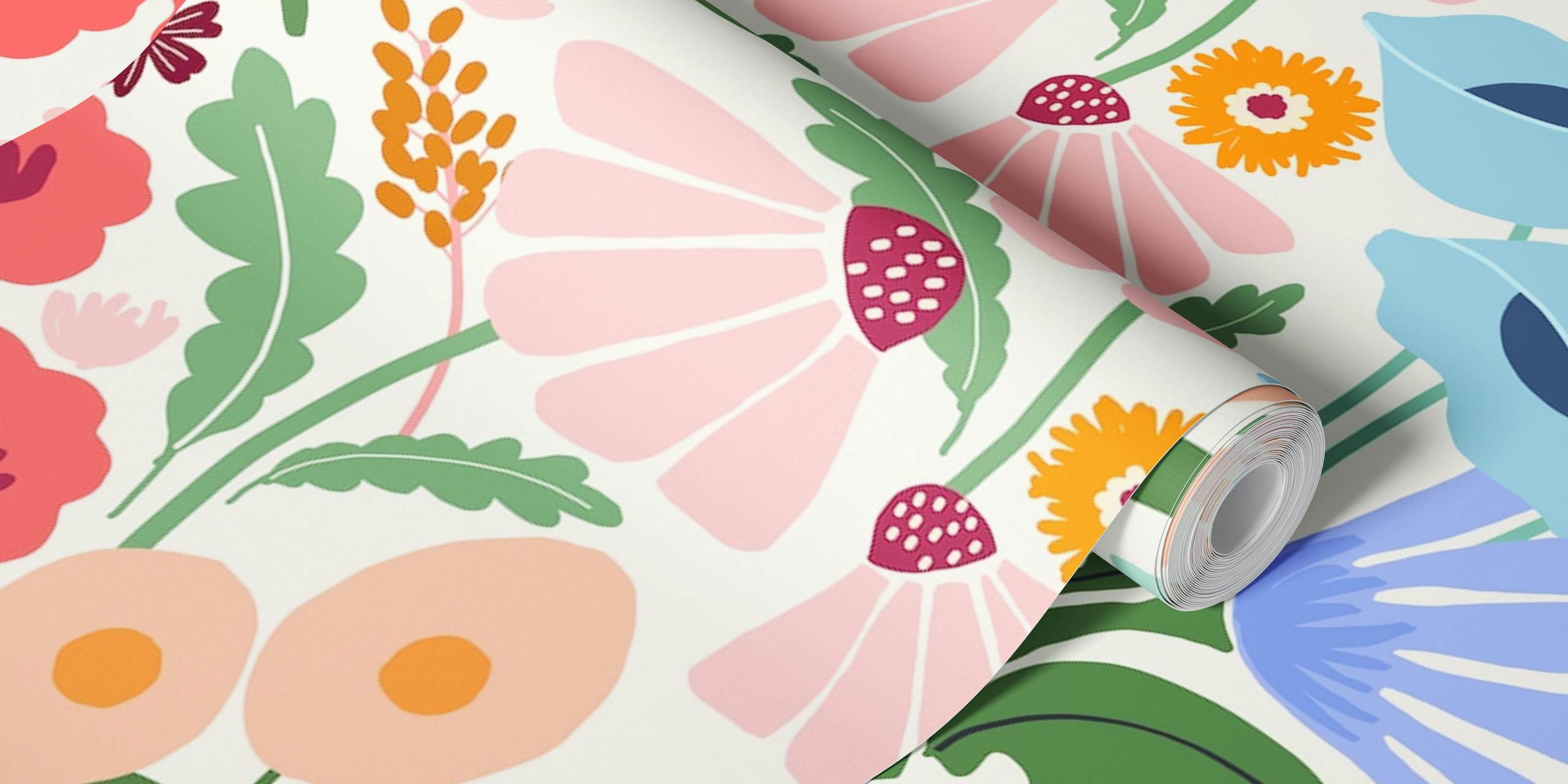 Colorful floral pattern with pink, blue, and green elements wallpaper