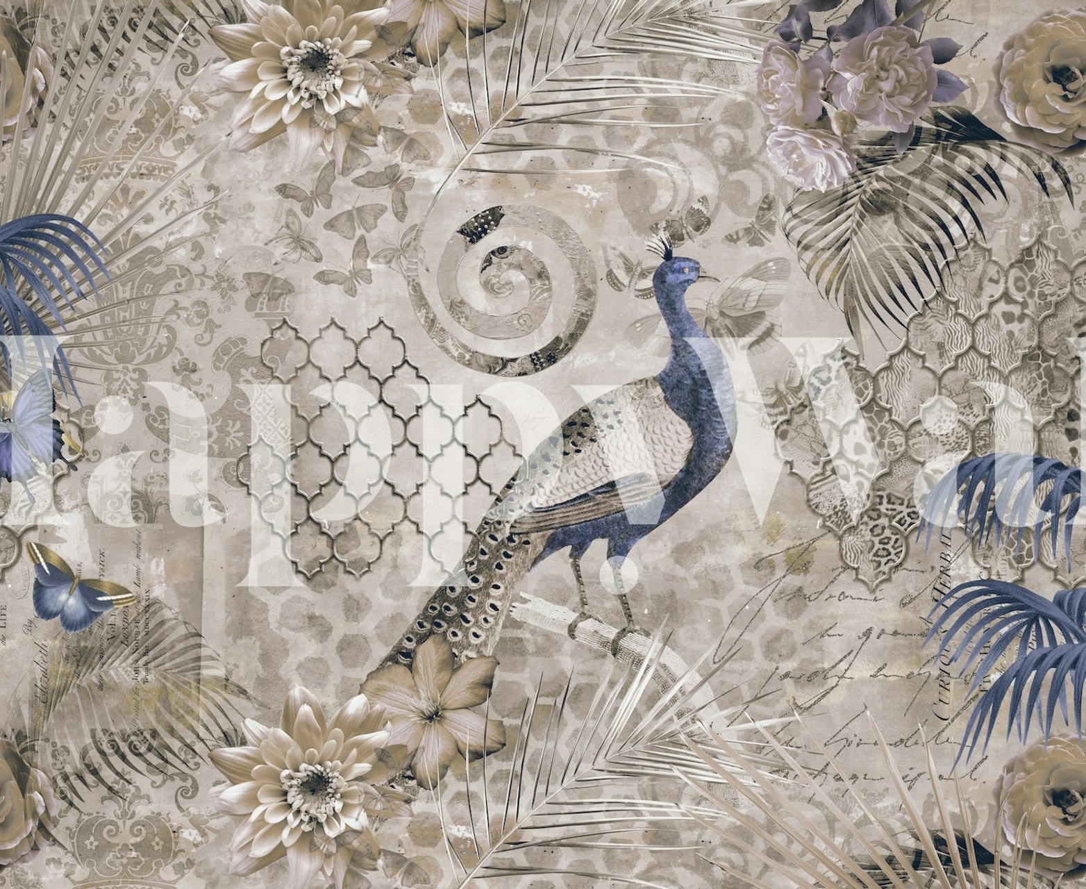 Peacock with flowers and geometric patterns in blue wallpaper