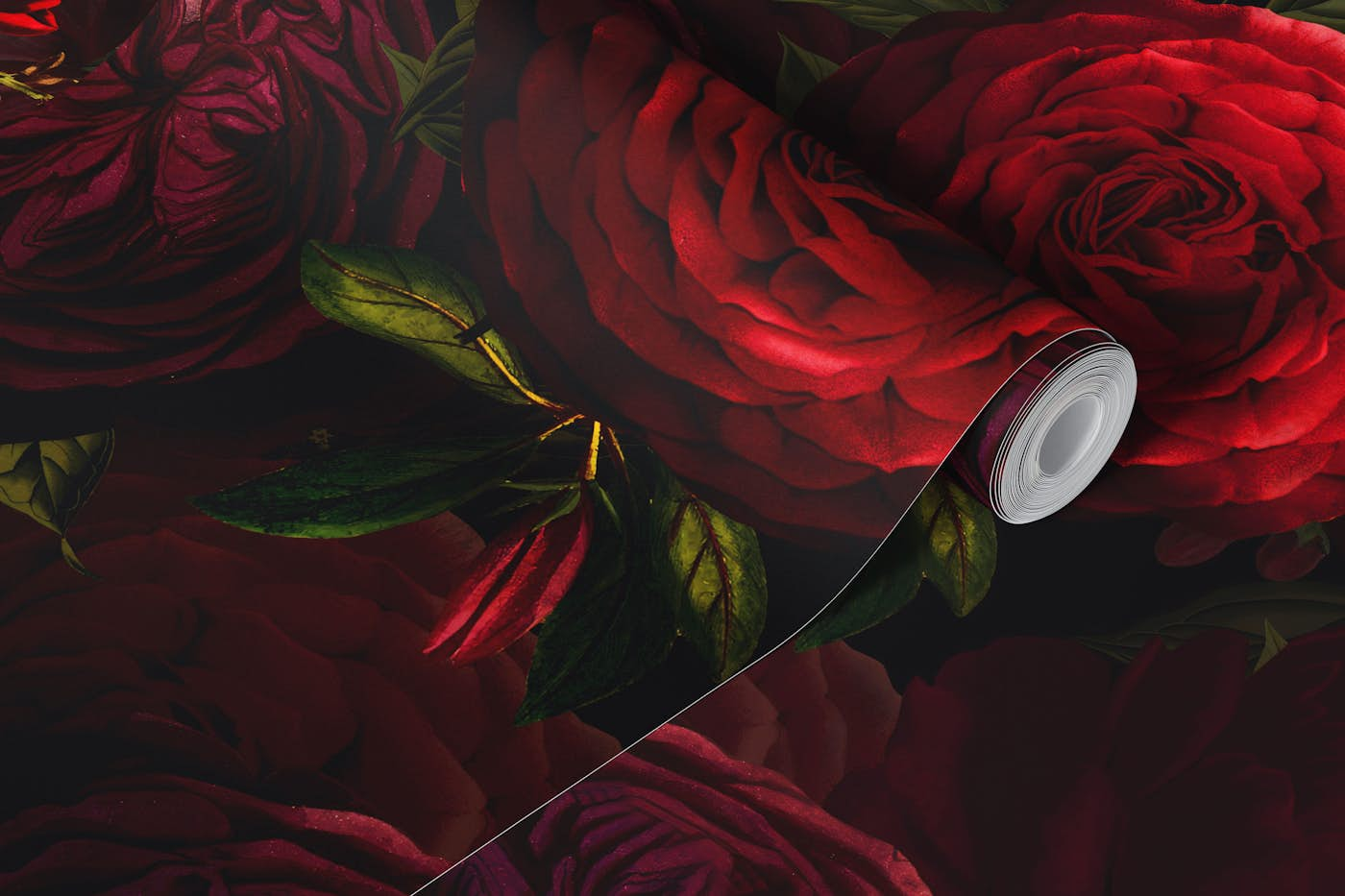 Dark Red Moody Baroque Roses Autumn Pattern wallpaper roll