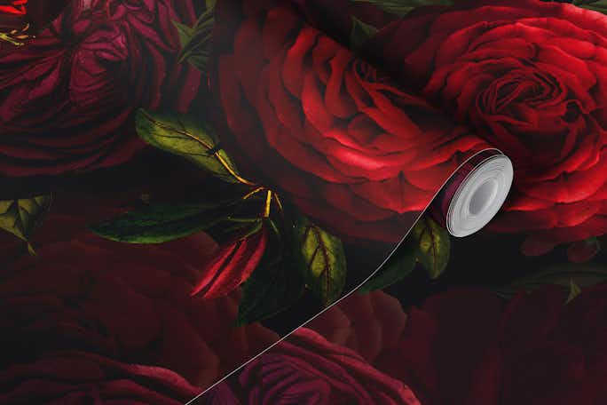 Dark Red Moody Baroque Roses Autumn Patternwallpaper roll