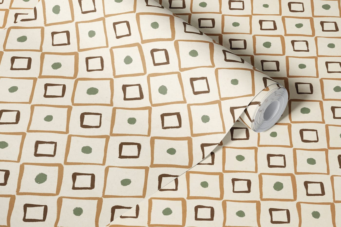 Simple Hand Drawn Pattern / Brown, Sage wallpaper roll