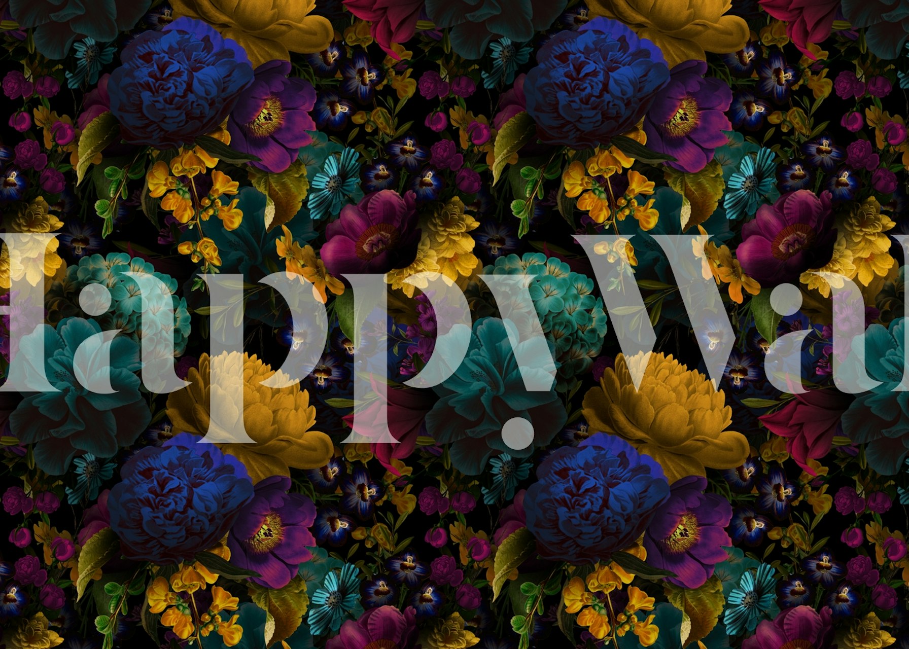 Lush floral pattern in deep colors on black background wallpaper