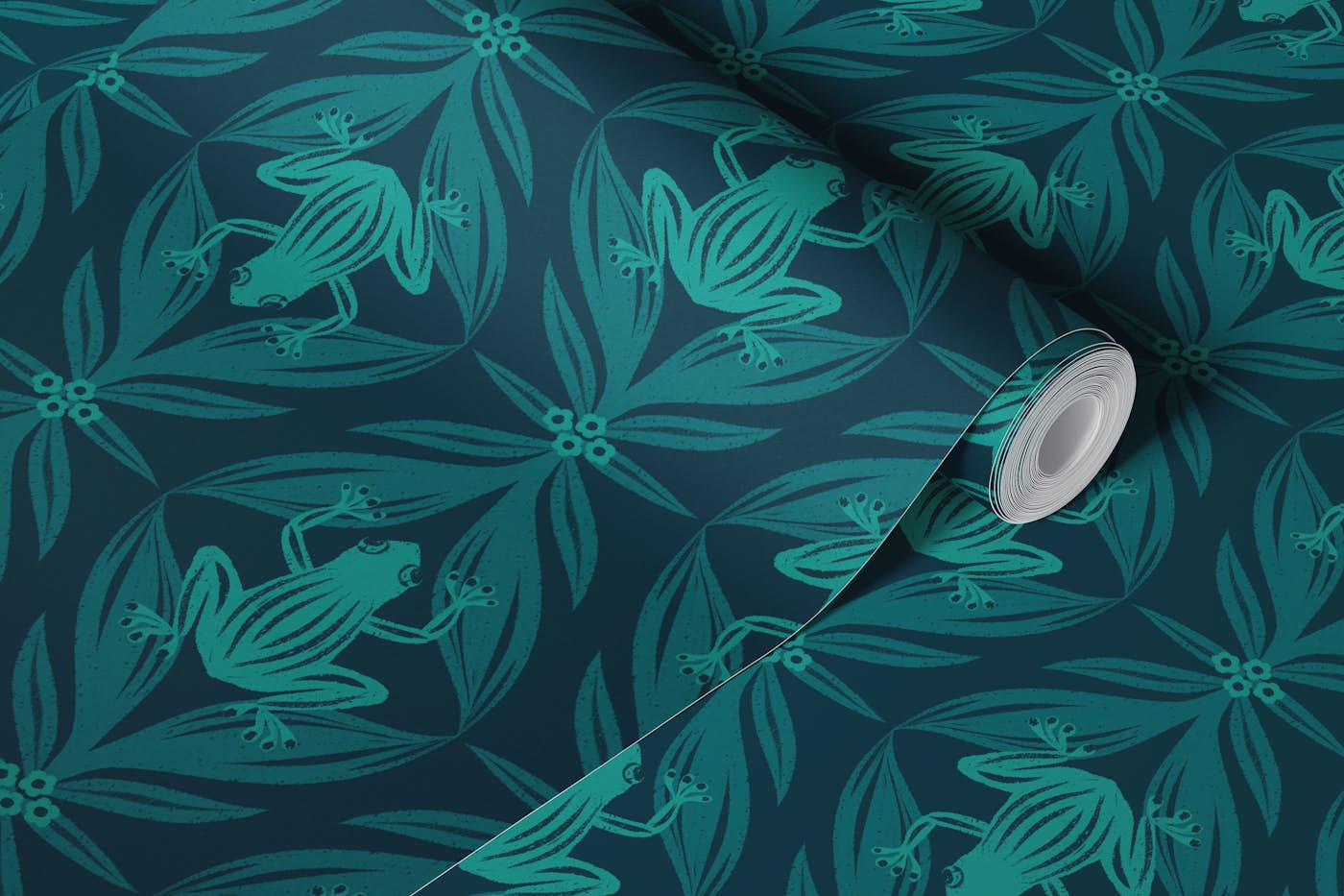 Whimsical Frogs on Leaves Dark Teal Blue 1 wallpaper roll