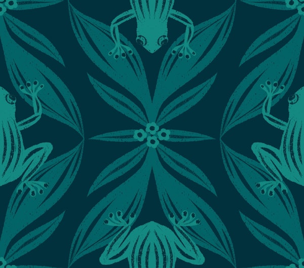 Whimsical Frogs on Leaves Dark Teal Blue 1