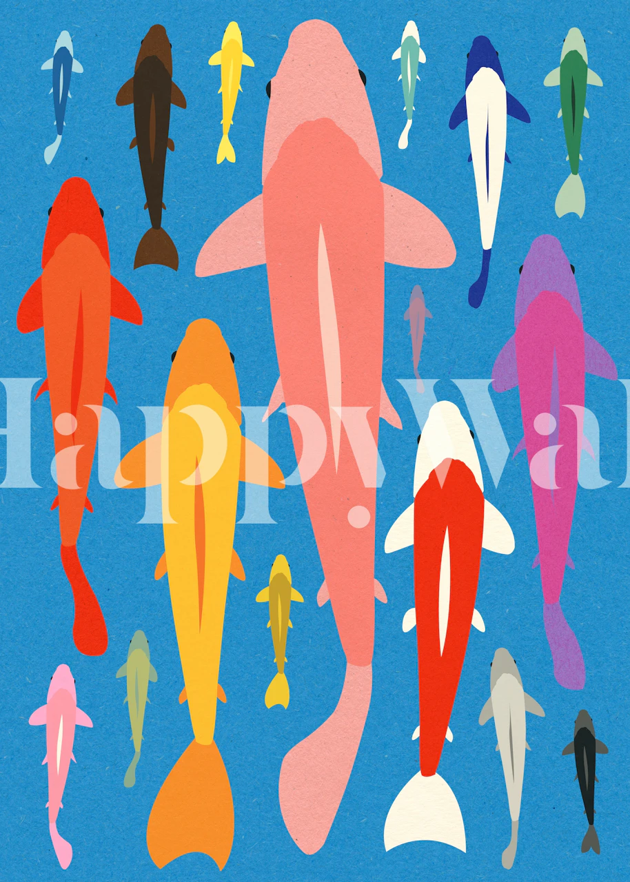 Colorful koi fish in various shades on blue background wallpaper