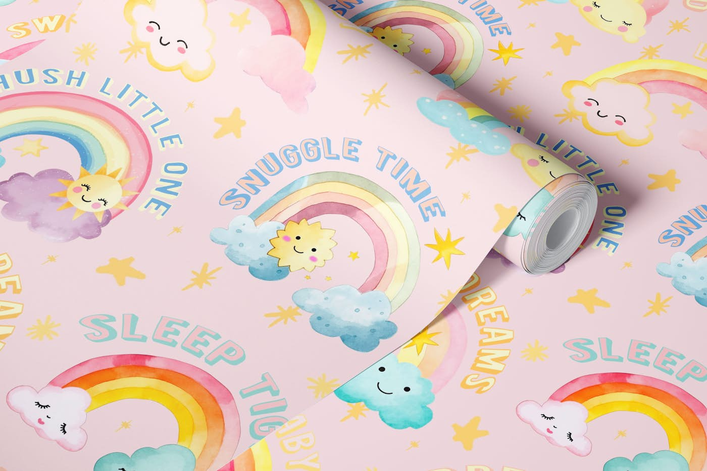 Sweet Dreams Lullaby Kawaii Kid Pattern Pink wallpaper roll