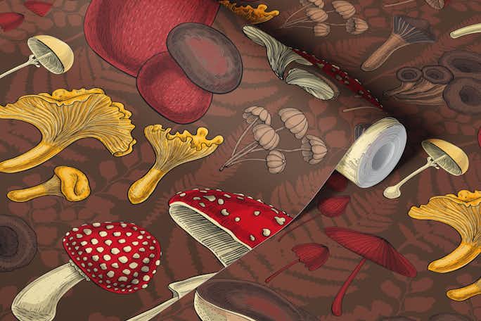 Wild mushrooms on brown backgroundwallpaper roll