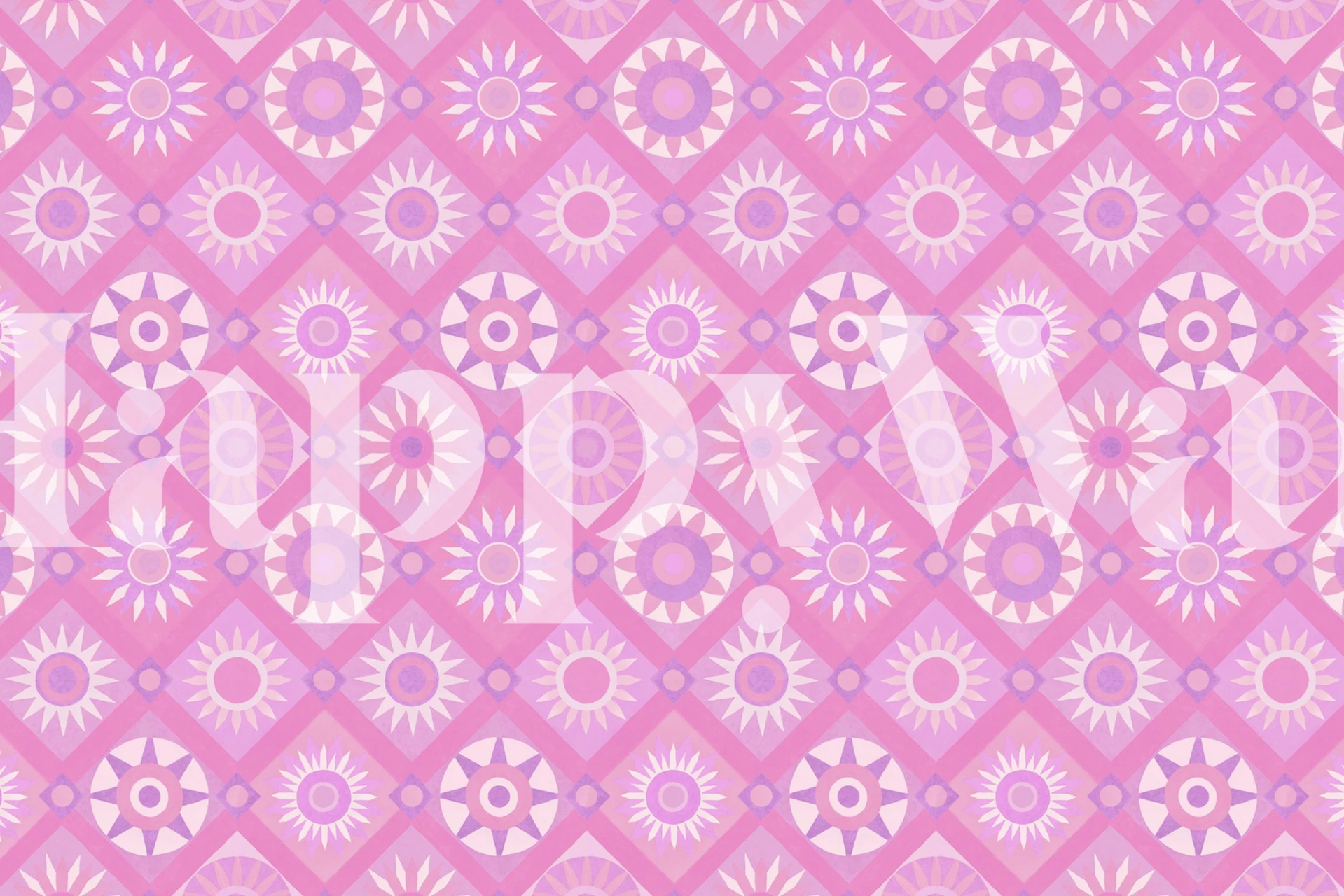Geometric pink and purple quilt pattern wallpaper featuring sun motifs