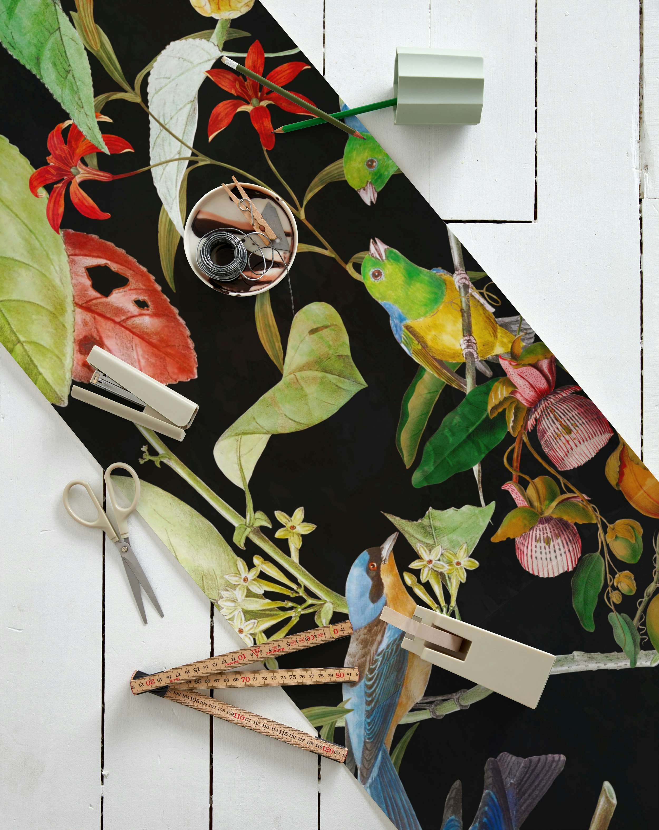 Colorful birds and fruits wallpaper roll