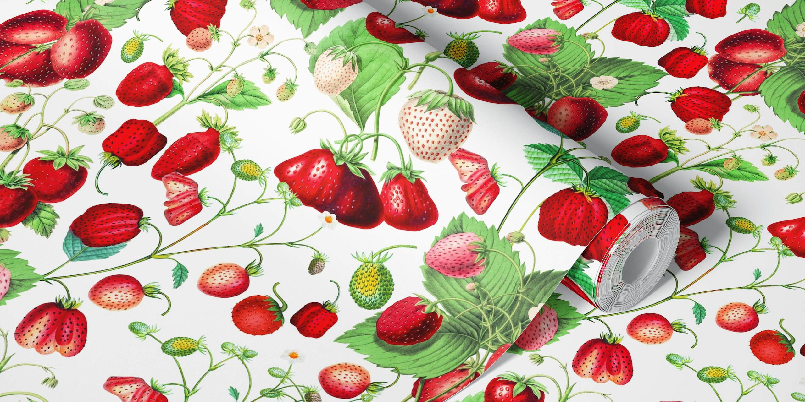 Mansikkakuvioinen seinämaalaus vehreillä lehdillä