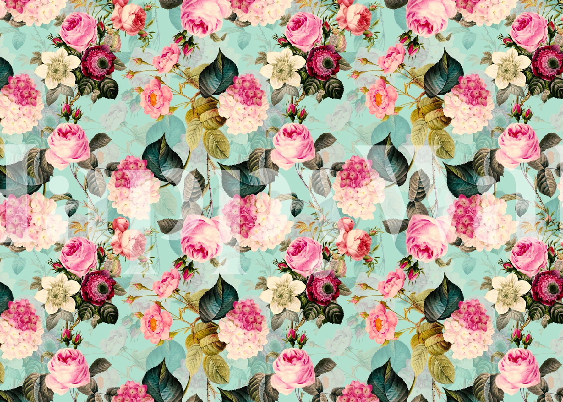 Colorful roses and flowers on teal background wallpaper