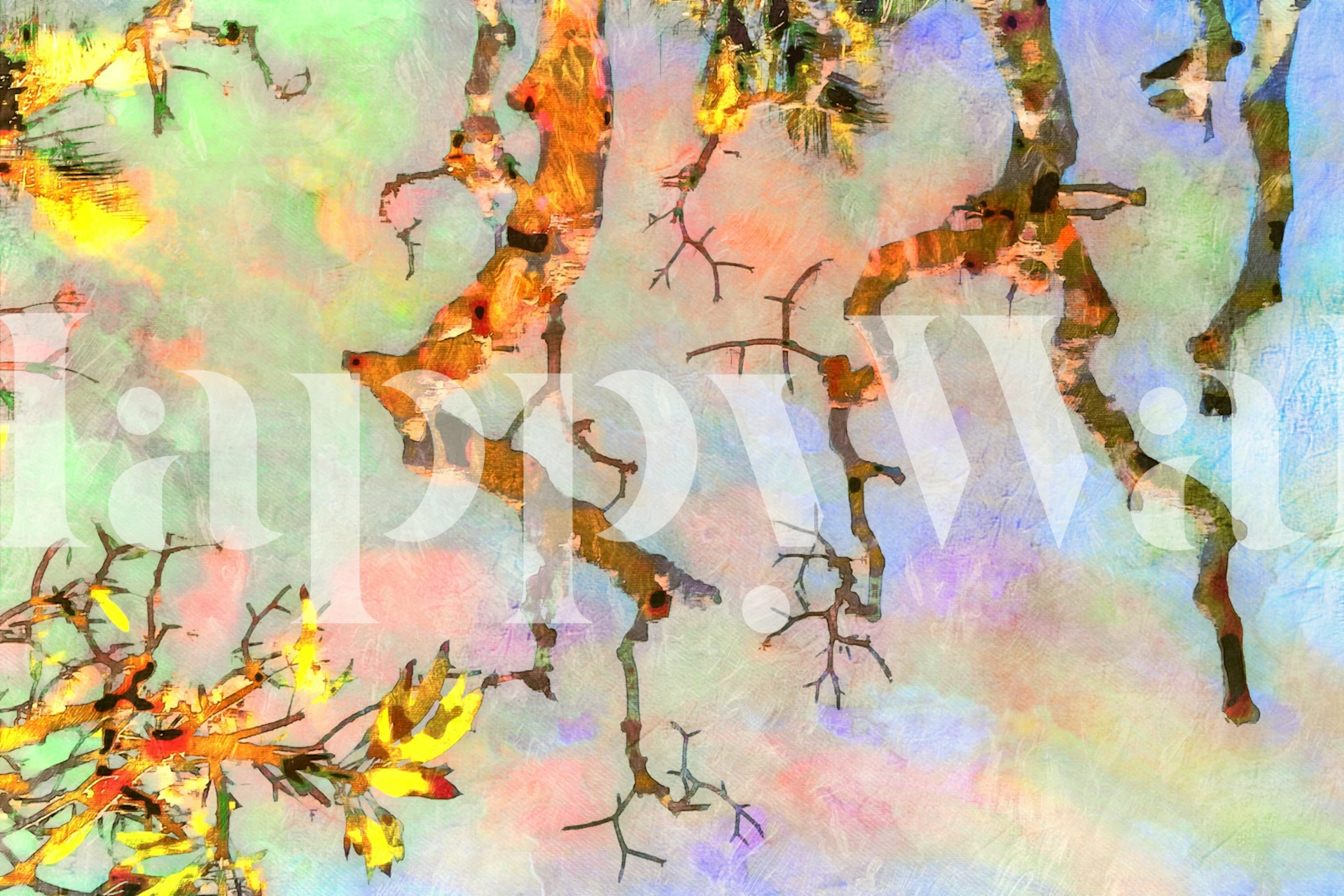 Colorful abstract tree branches against a pastel background wallpaper
