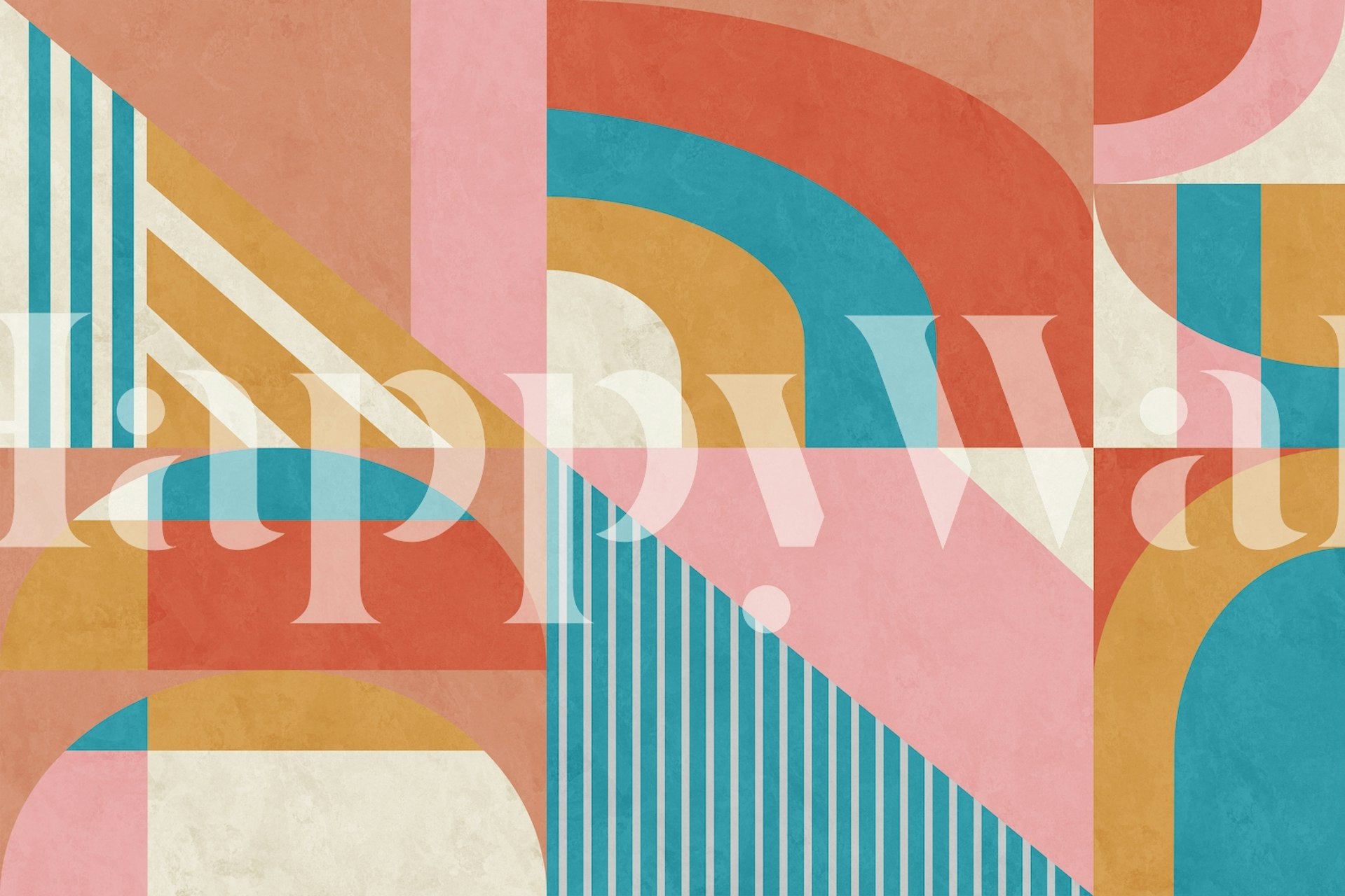 Colorful geometric patterns in pink, blue, and beige wallpaper