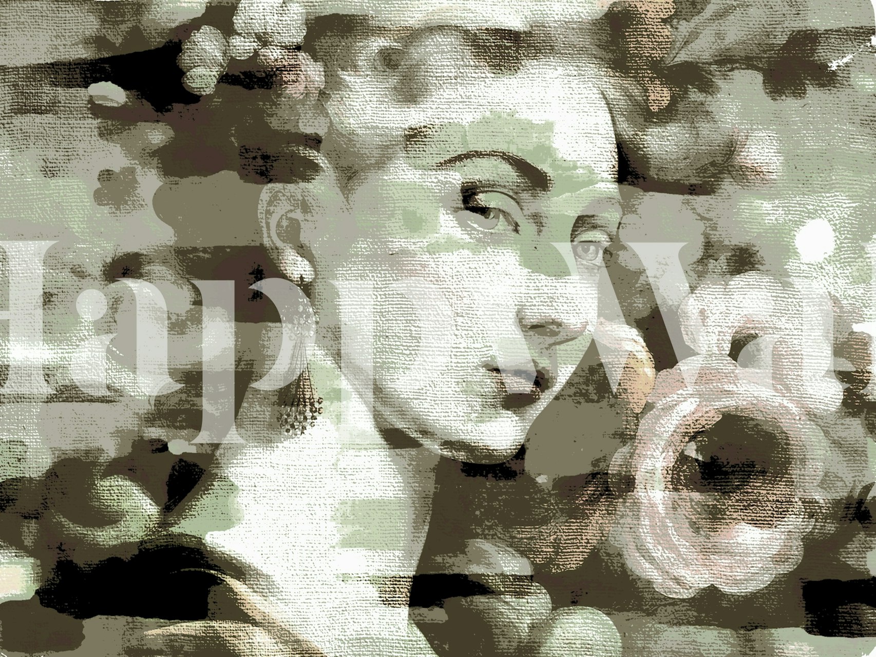 Vintage floral wallpaper featuring a woman's portrait and soft colors