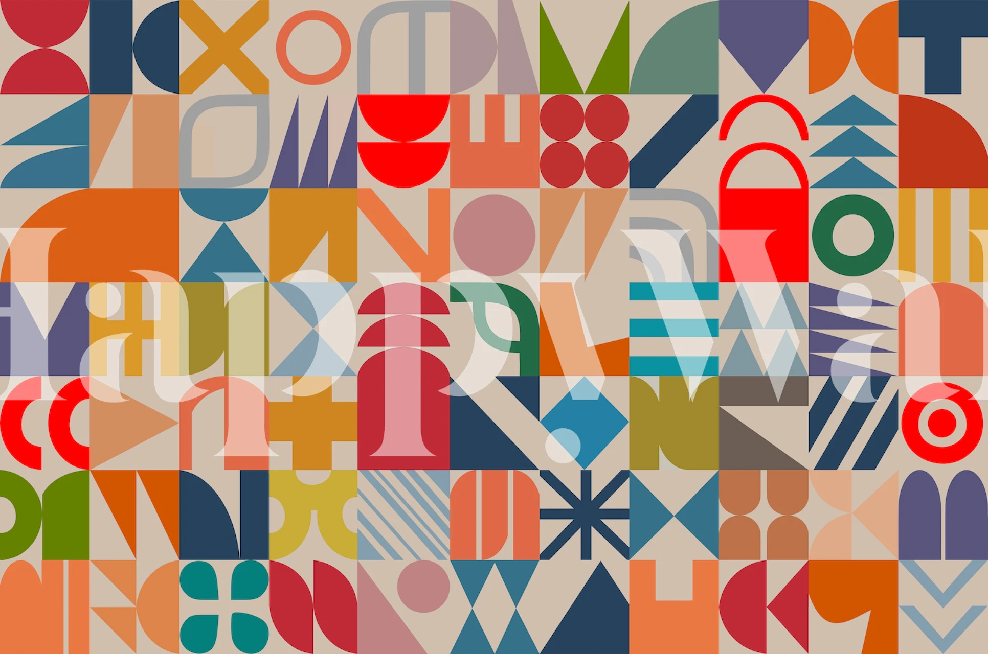 Colorful geometric shapes in red, blue, green, and orange wallpaper