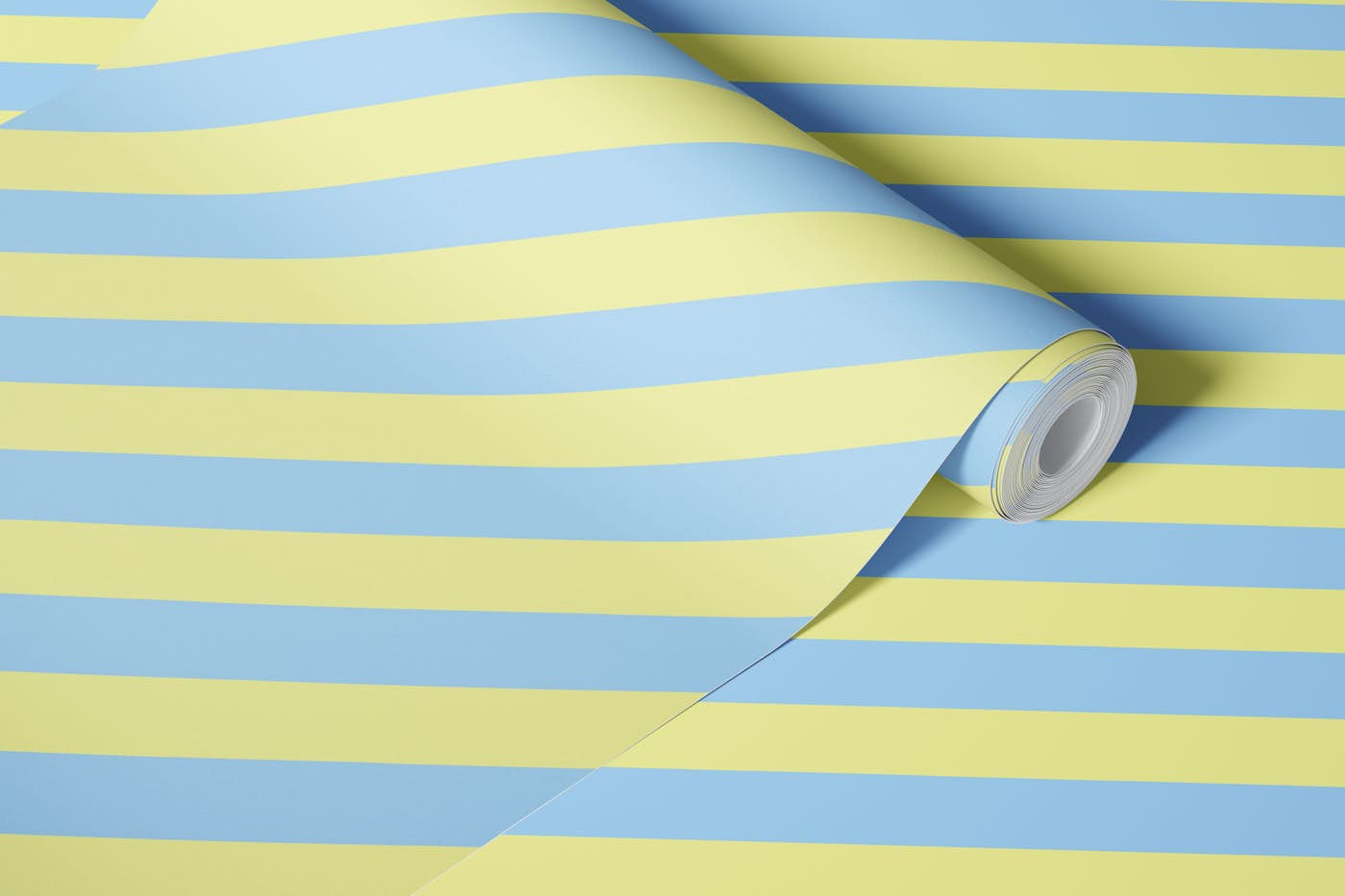 Blue and yellow diagonal striped wallpaper roll