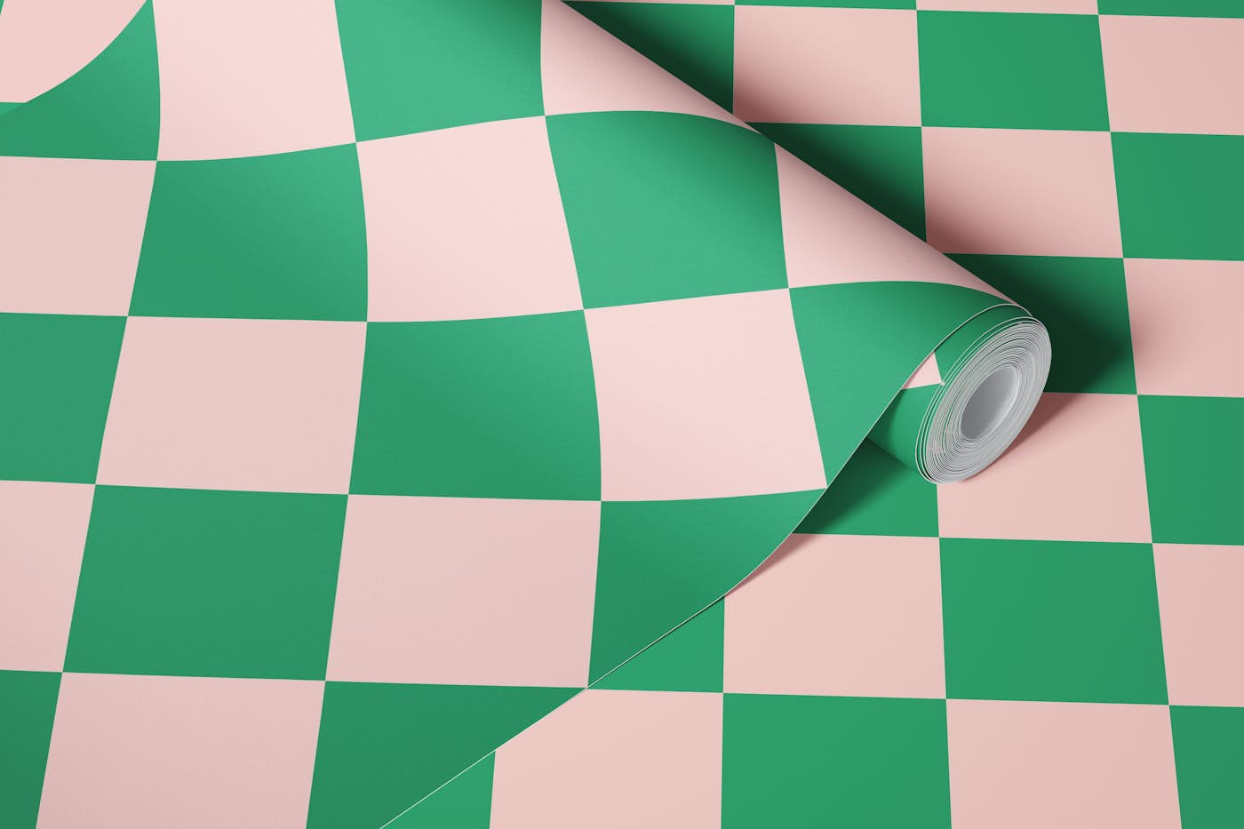 Diagonal Checkerboard Large - Pink and Green wallpaper roll