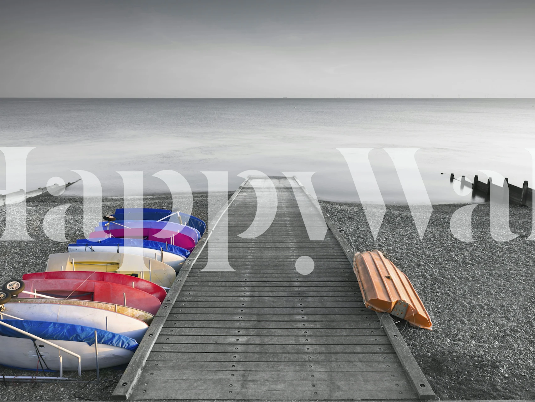 Colorful kayaks lined on a wooden pier, blue and orange tones, nautical wallpaper