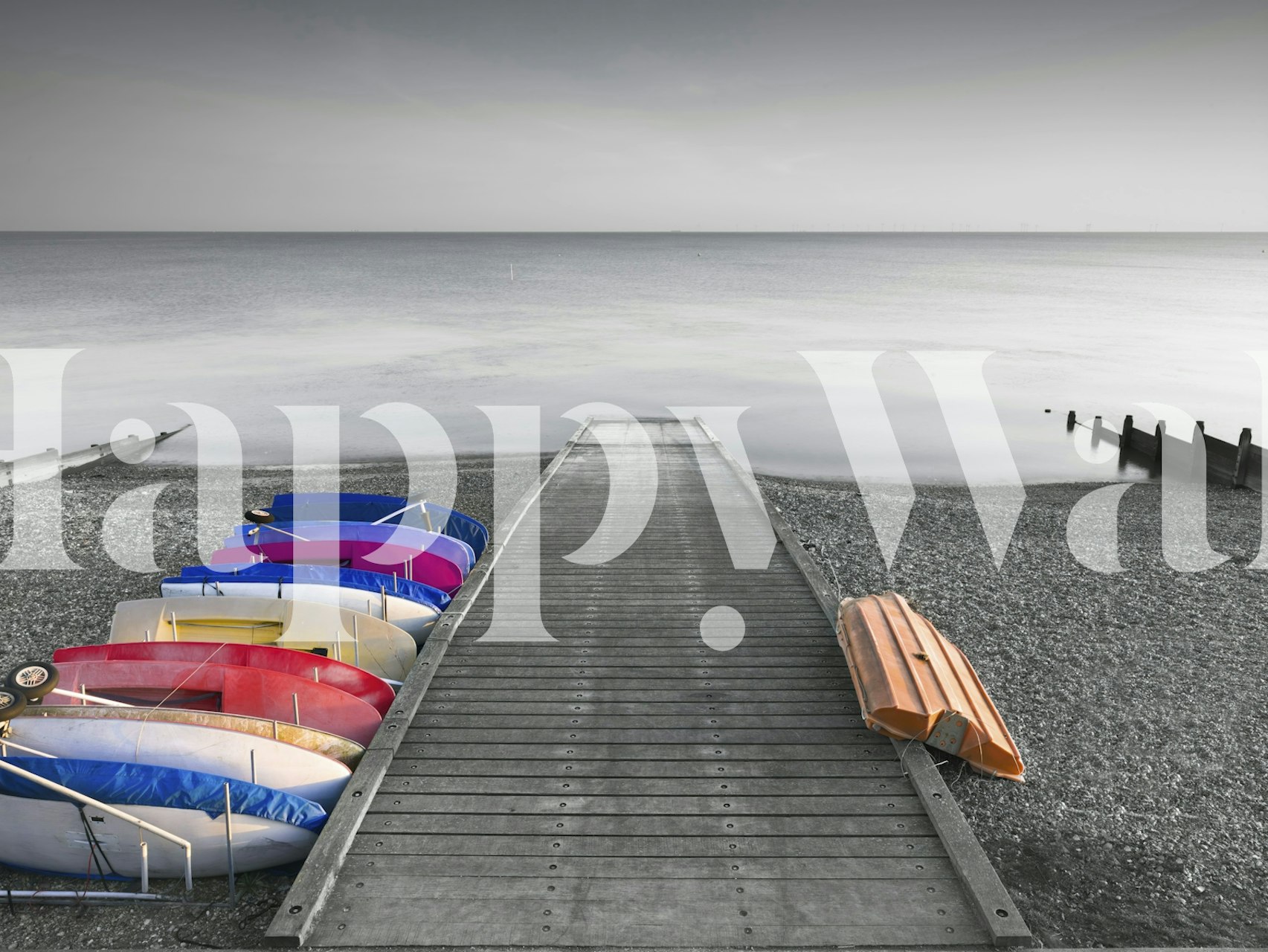 Colorful kayaks lined on a wooden pier, blue and orange tones, nautical wallpaper
