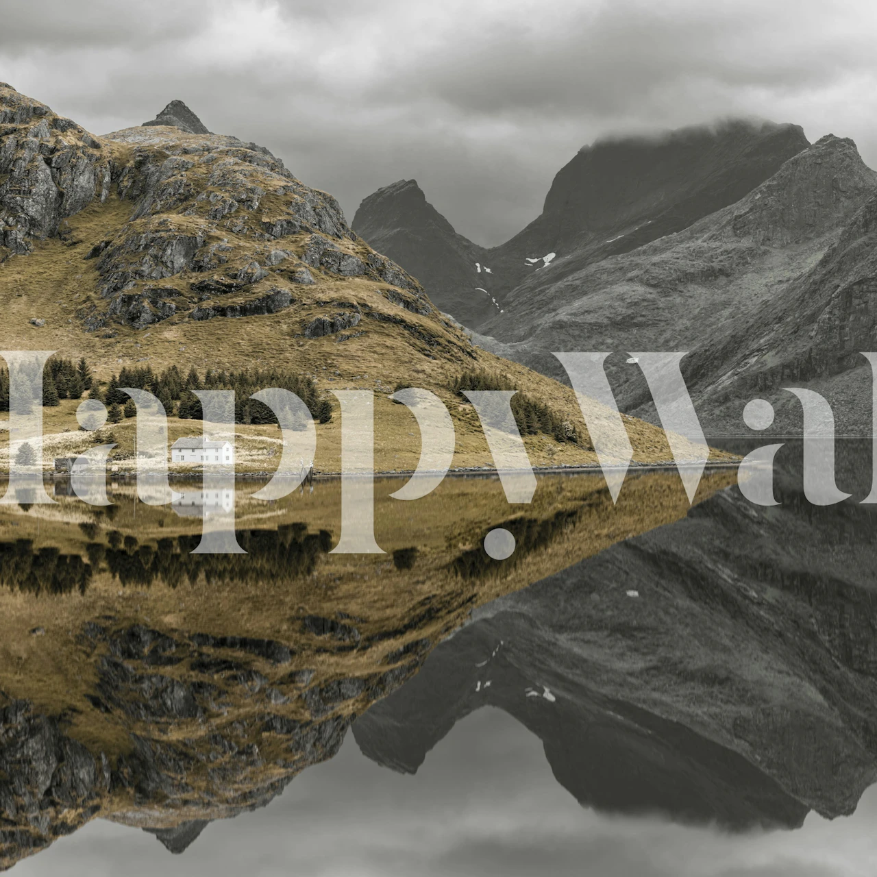 Scenic fjord wall mural with mountain reflections on water