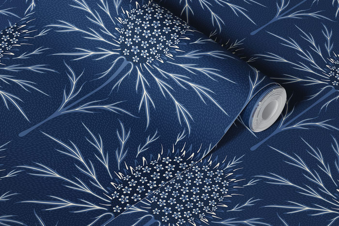 Maximalist thistle monochrome blue ridge wallpaper roll