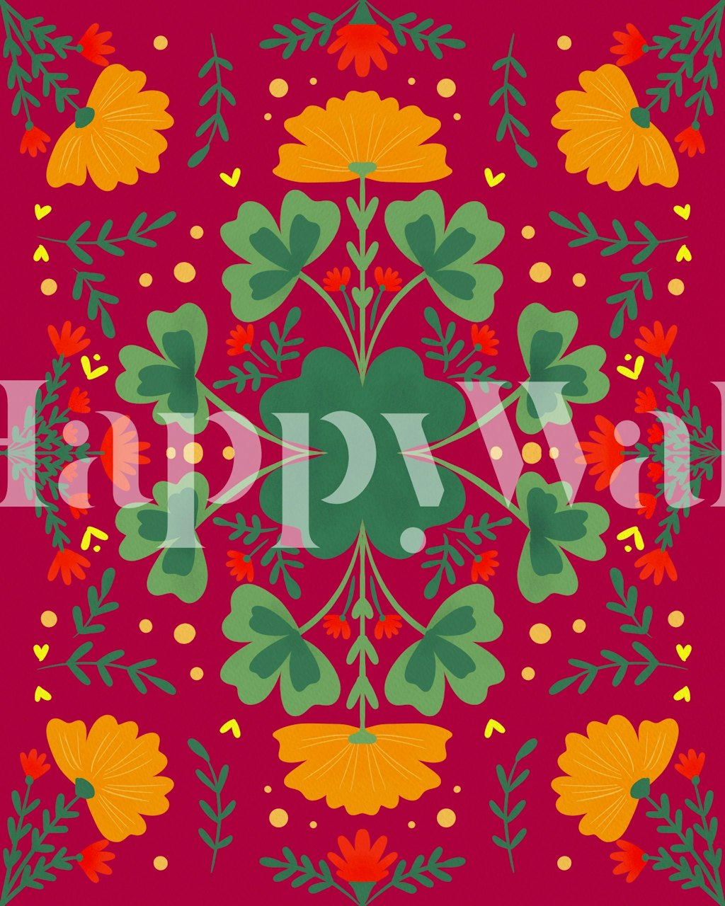 Floral pattern wall mural with green clovers and yellow and red flowers on a vivid red background