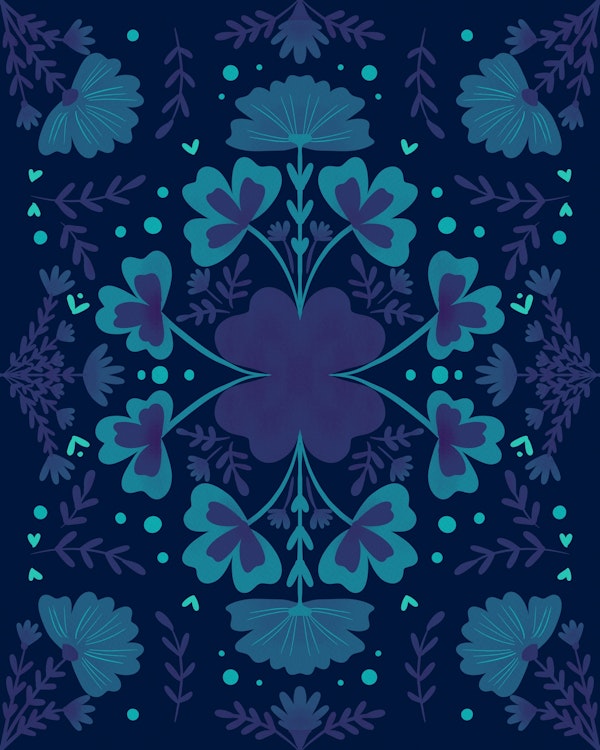 Flowers and clovers in blue