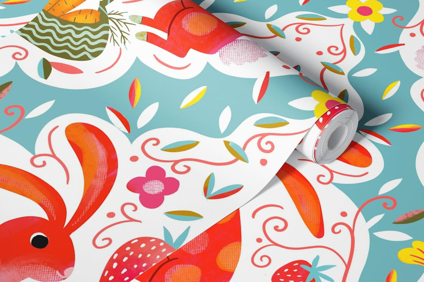 bunnies strawberries carrots spring damask wallpaper roll