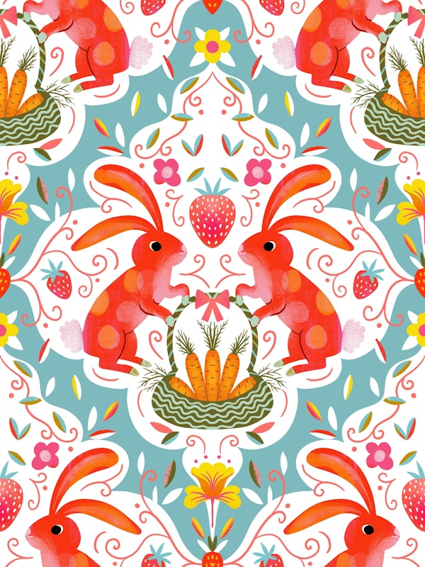 bunnies strawberries carrots spring damask
