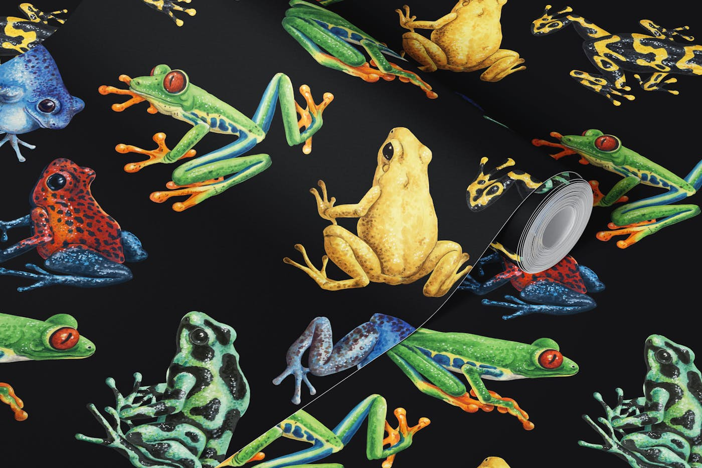 Frogs on black wallpaper roll