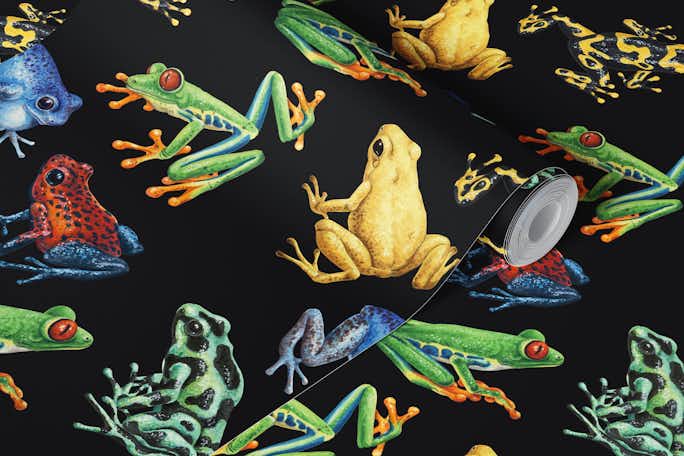 Frogs on blackwallpaper roll