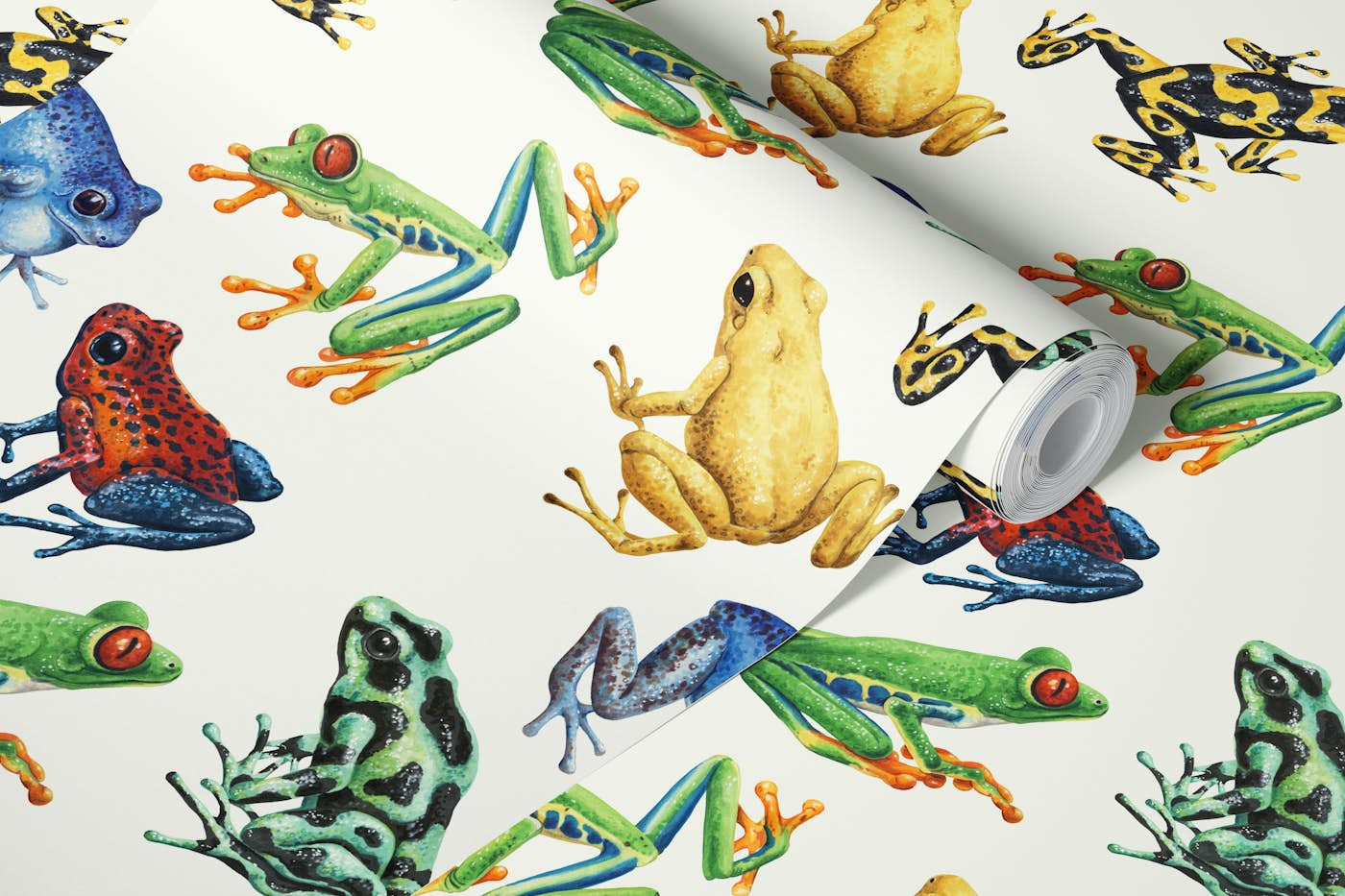 Frogs on natural white wallpaper roll