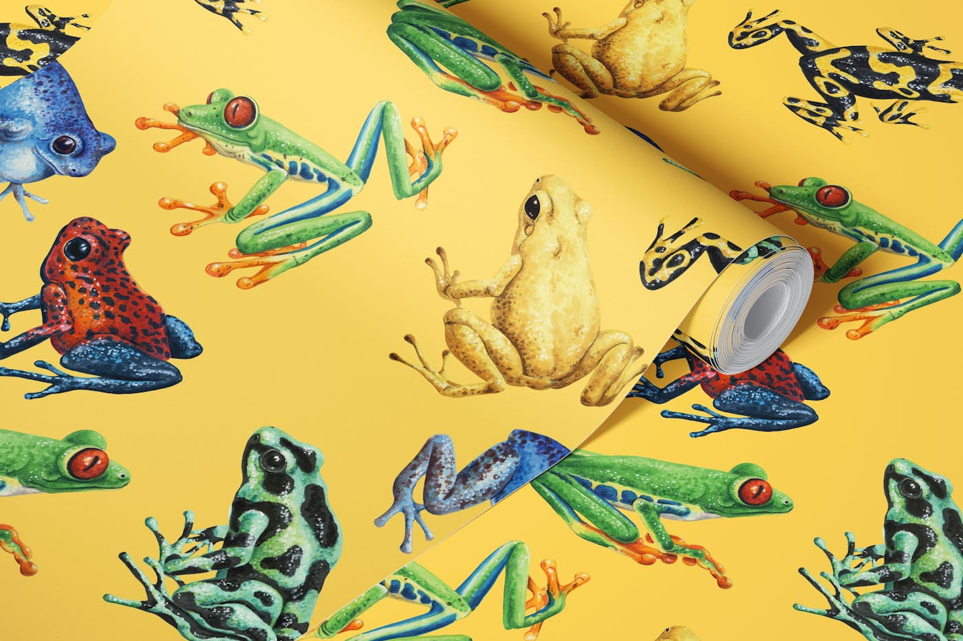 Frogs on yellow wallpaper roll