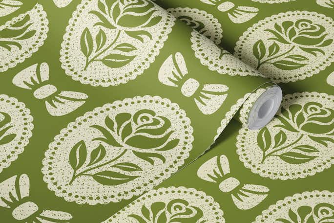 Vintage roses pattern, green / 3011 Cwallpaper roll
