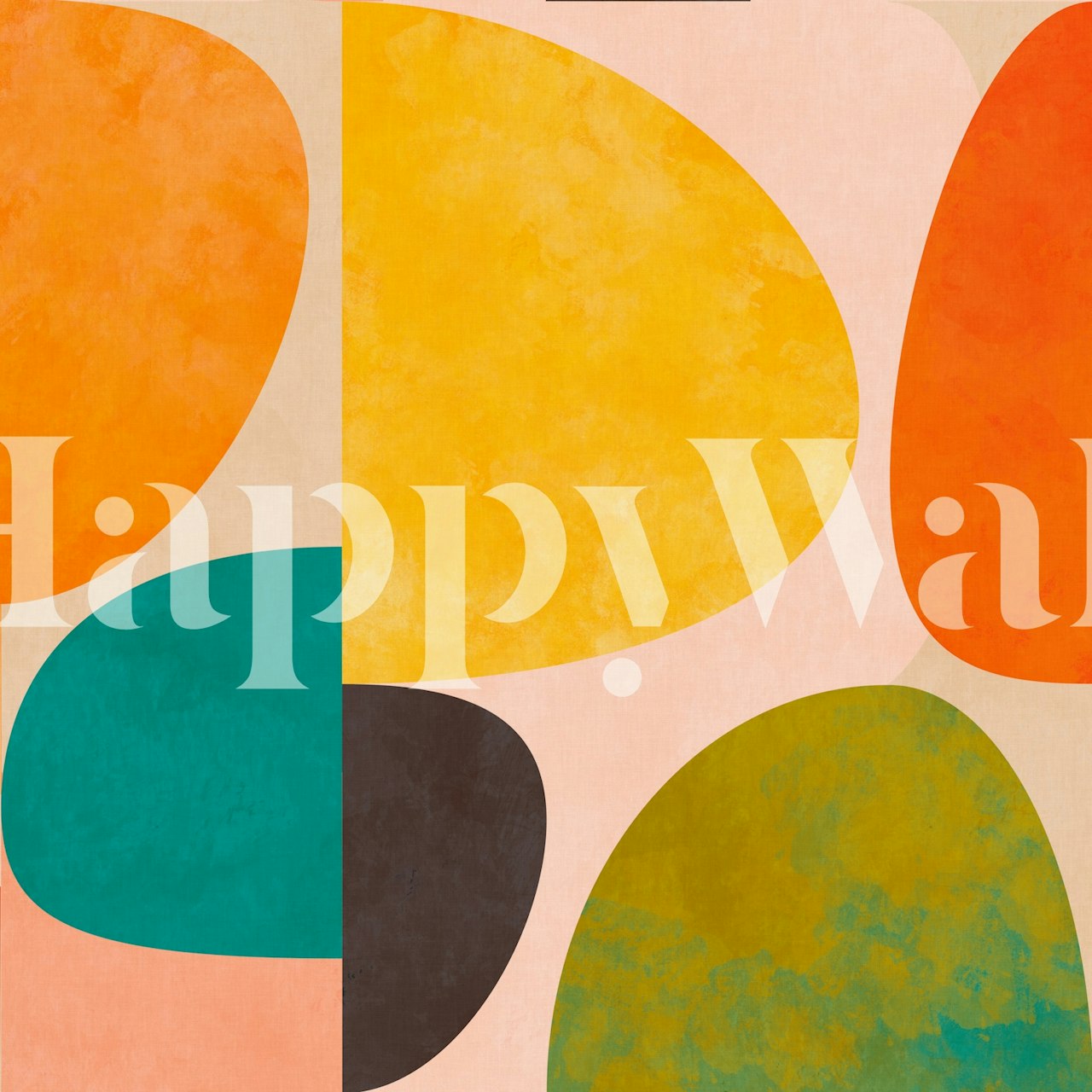 Colorful abstract shapes in orange, yellow, teal, and green wallpaper