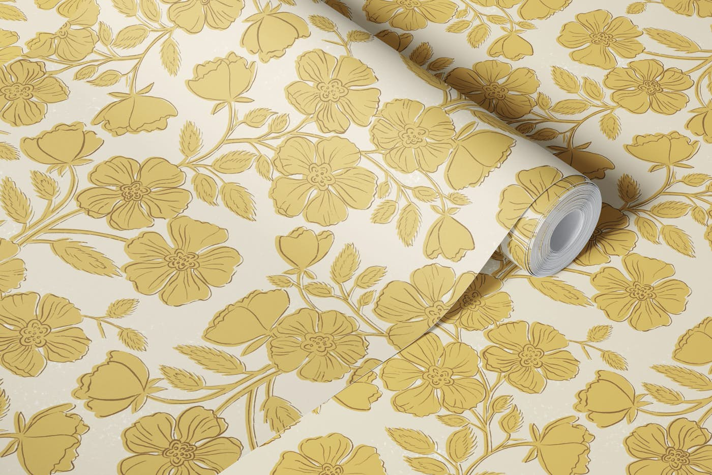 Wild Rose Block Print Floral in bamboo wallpaper roll