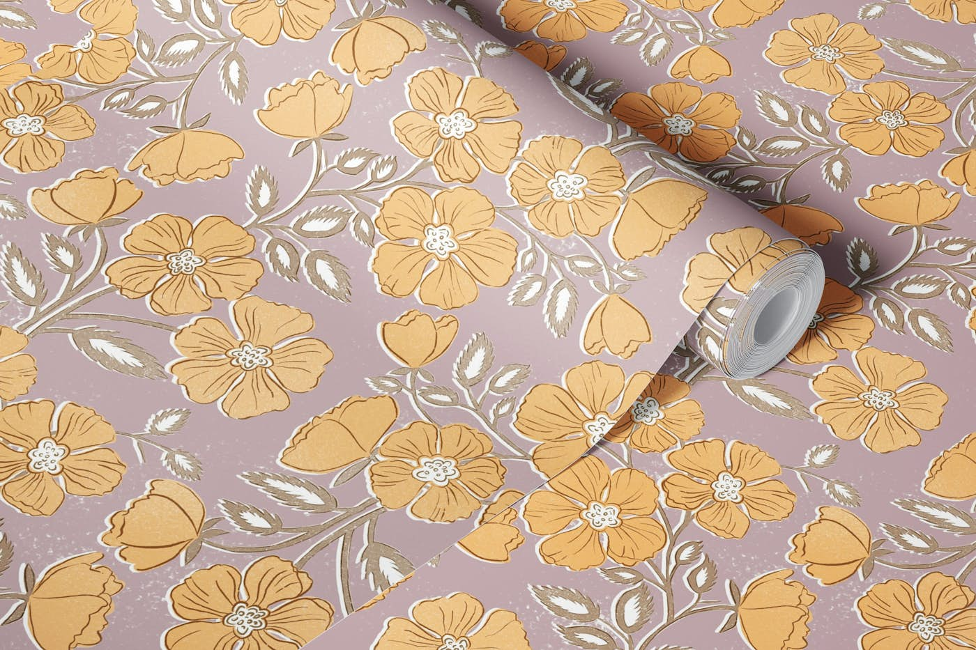 Wild Rose Block Print Floral in beewax-lilac wallpaper roll