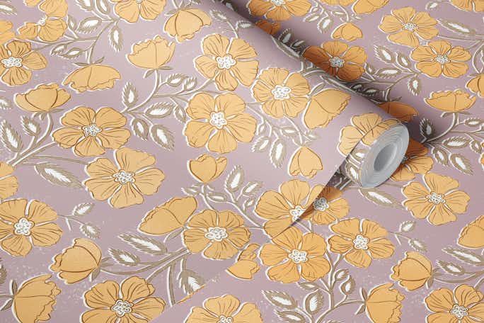 Wild Rose Block Print Floral in beewax-lilacwallpaper roll