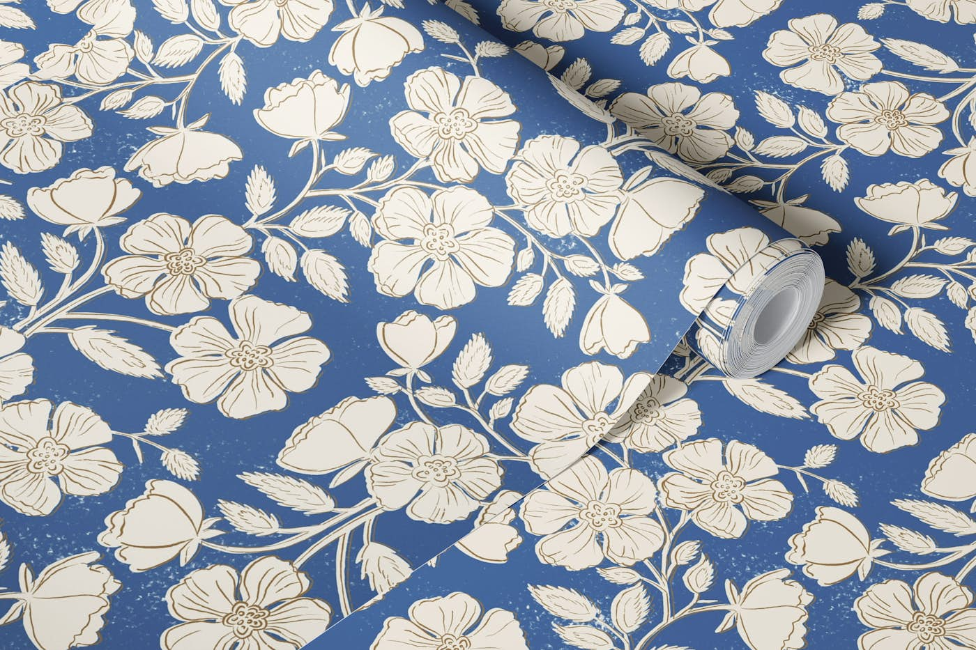 Wild Rose Block Print Floral on cobalt wallpaper roll