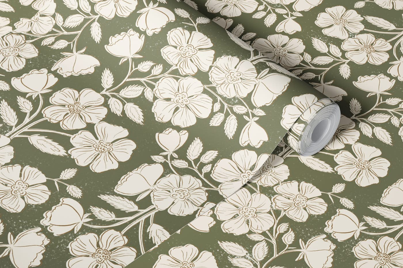 Wild Rose Block Print Floral on olive wallpaper roll