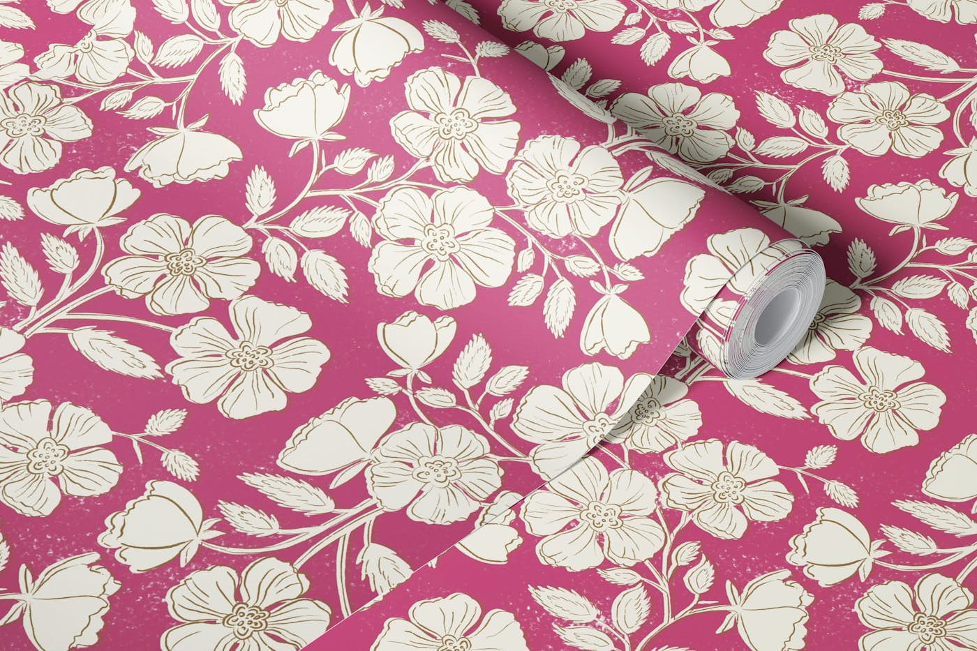 Wild Rose Block Print Floral on cerise pink wallpaper roll