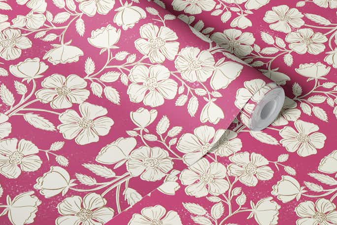 Wild Rose Block Print Floral on cerise pinkwallpaper roll