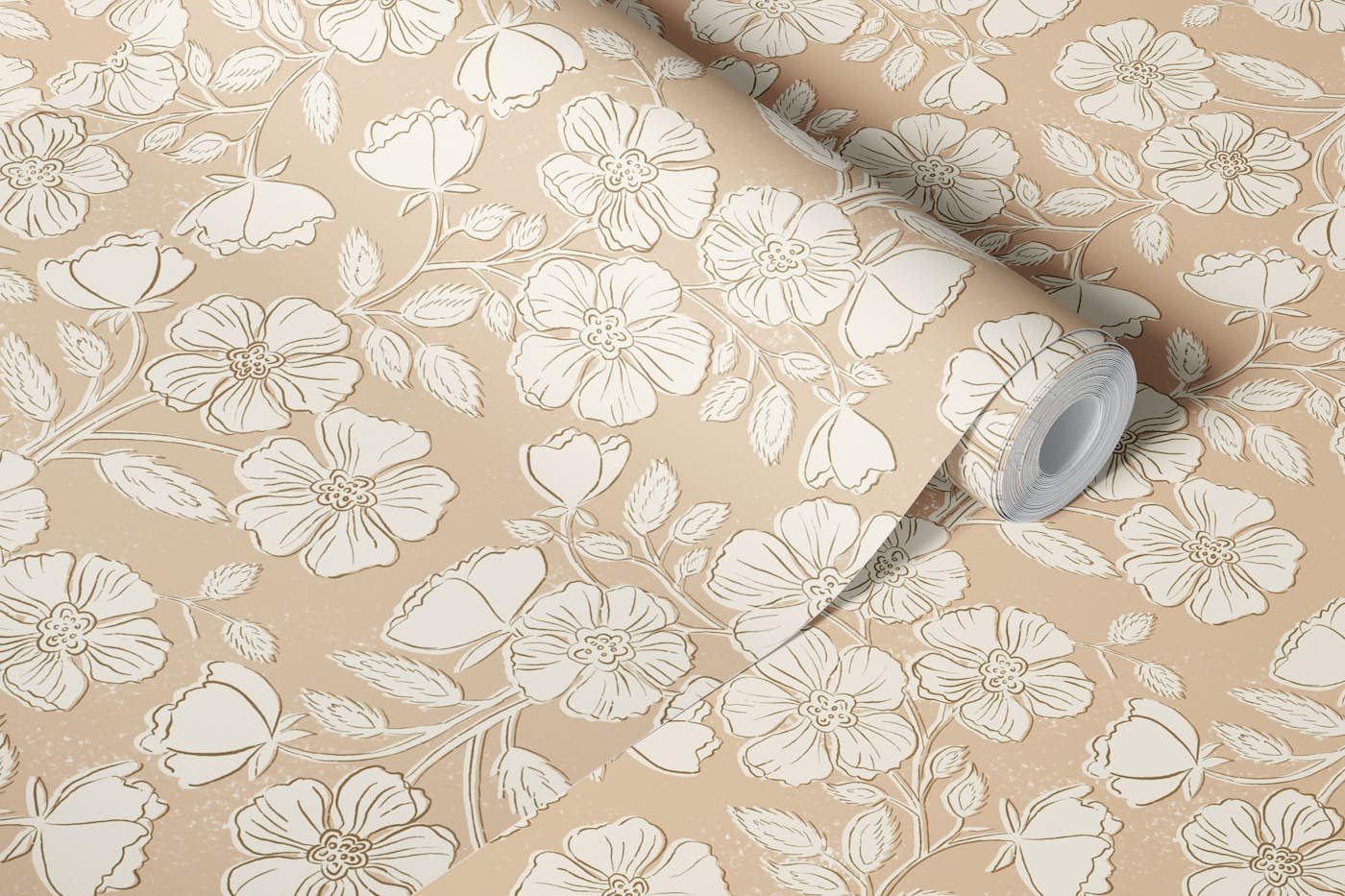 Wild Rose Block Print Floral on honey peach wallpaper roll