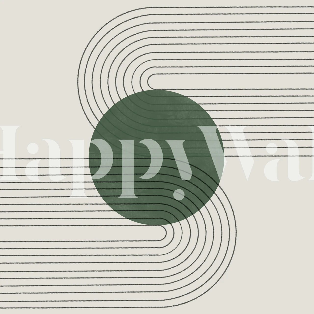 Grønt minimalistisk organisk vægmaleri med et cirkulært grønt design med lineære accenter