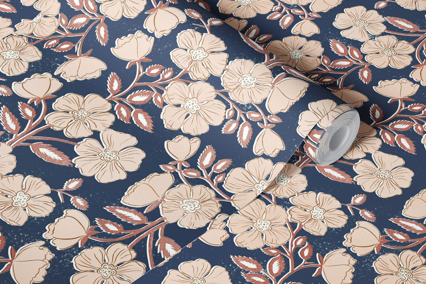 Wild Rose Block Print Floral in linen & denim wallpaper roll