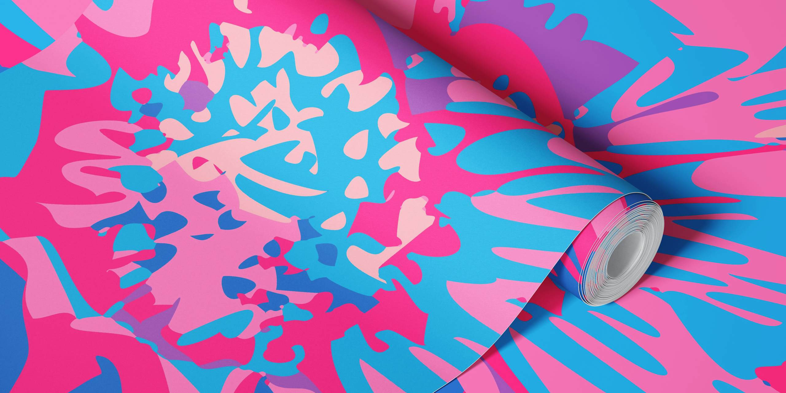 Abstraktní fototapeta jiřina v růžových a modrých odstínech na růžovém pozadí