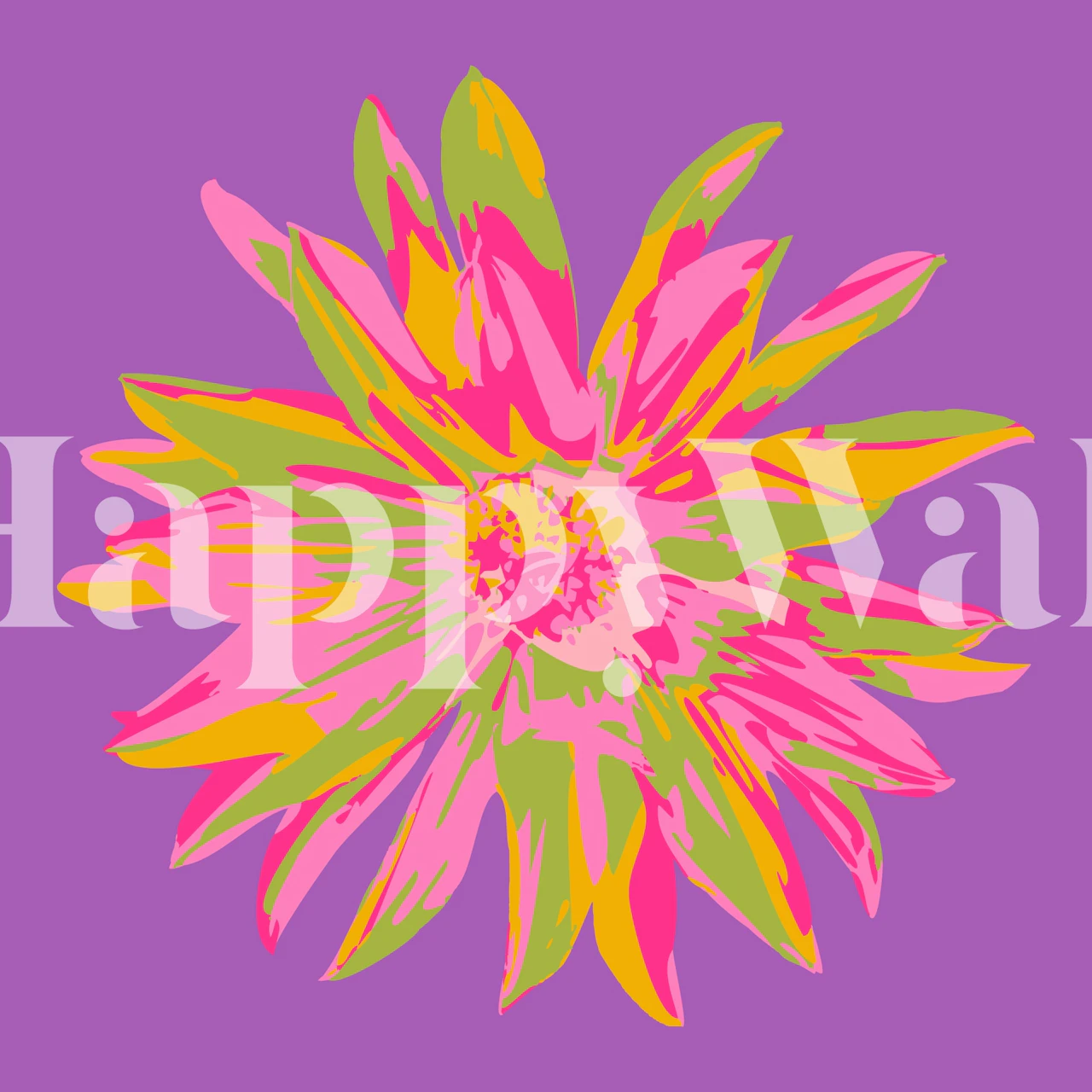 Abstrakcyjna fototapeta z kwiatami dalii w odcieniach fioletu, różu i żółci na fioletowym tle