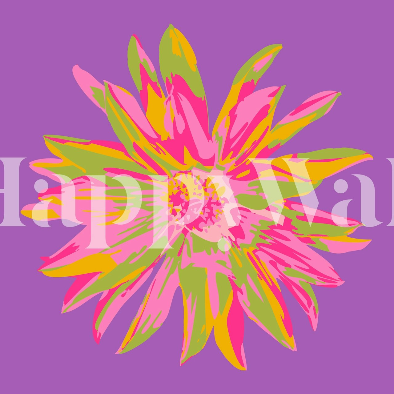 Pink floral design with yellow and green accents on violet wallpaper