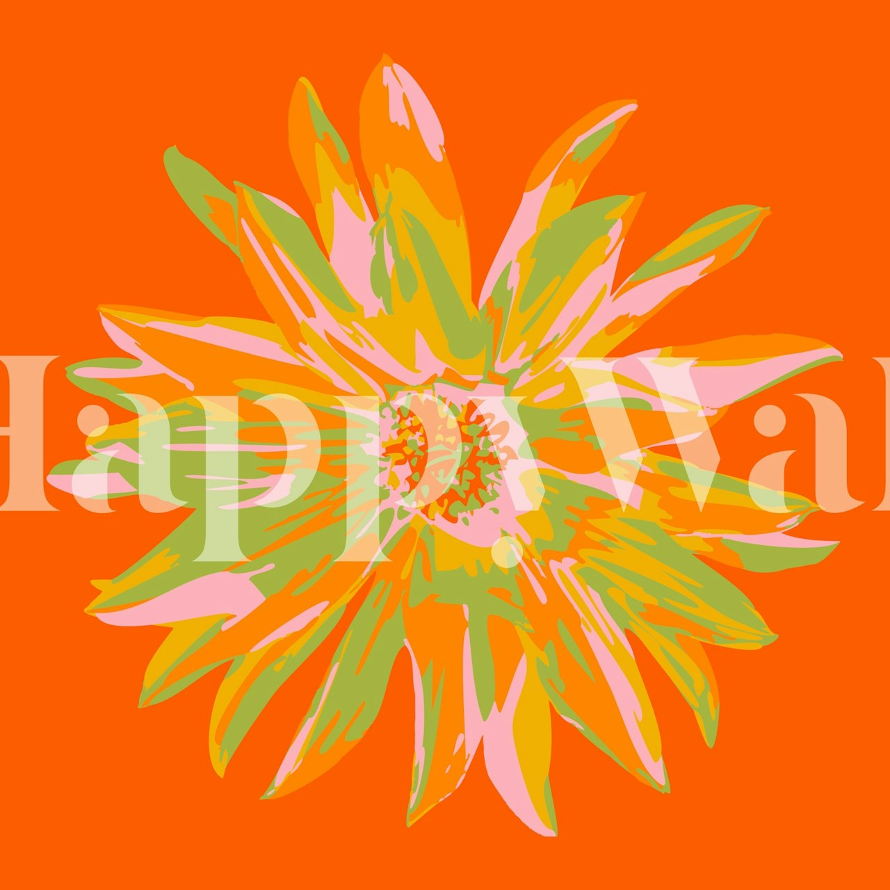 Large abstract floral design in orange, pink, and green wallpaper