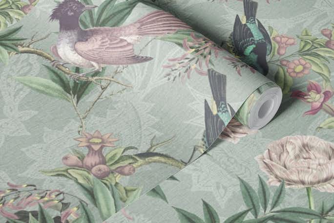 Heritage birds and floral damaskwallpaper roll